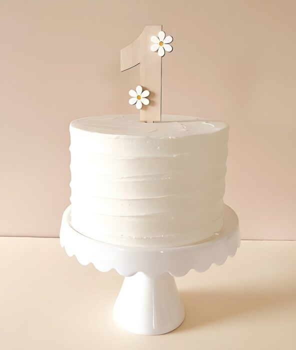 Minimalist White 1st Birthday Cake with Custom Number Topper