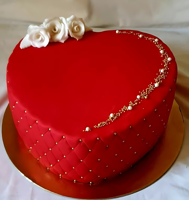Luxurious Red Heart Cake with Gold Accents