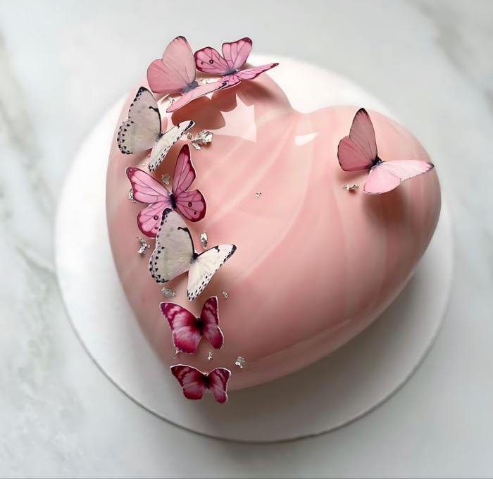 Elegant Pink Heart Cake with Butterflies