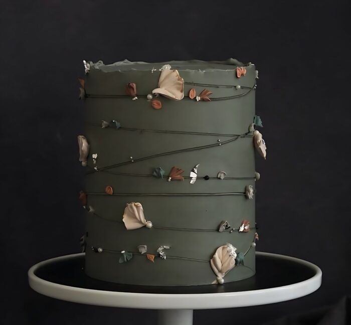 Dark Green Cake with Delicate Floral Accents