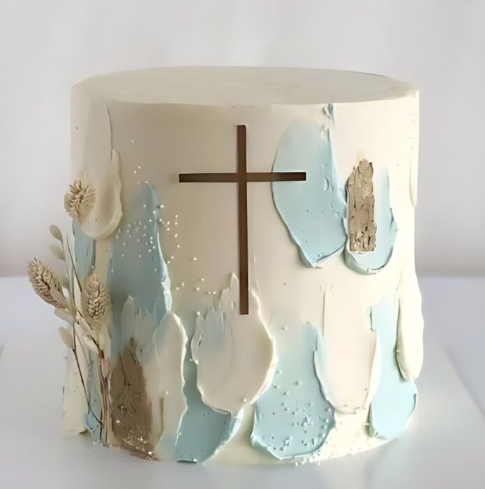 Religious Cake with Cross Design and Soft Pastel Accents