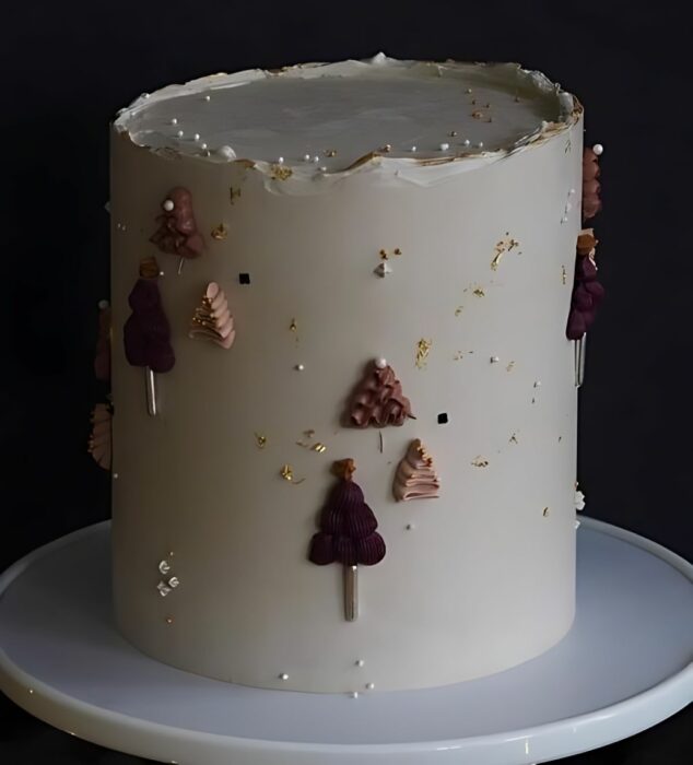Winter-Themed Buttercream Cake with Festive Tree Accents