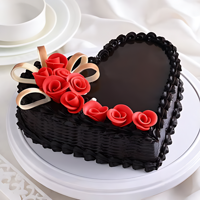 Luxury Heart Chocolate Cake with Red Roses