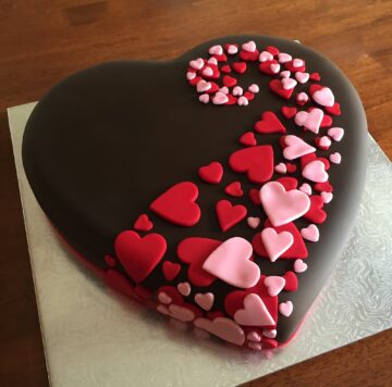 Dark Chocolate Heart Cake with Red and Pink Fondant Hearts