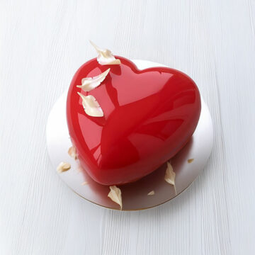 Glossy Red Heart Cake with Feather Accents