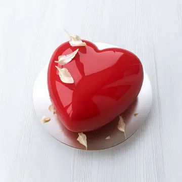 Glossy Red Heart Cake with Feather Accents