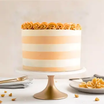 Elegant Beige and White Striped Cake with Rosette Top